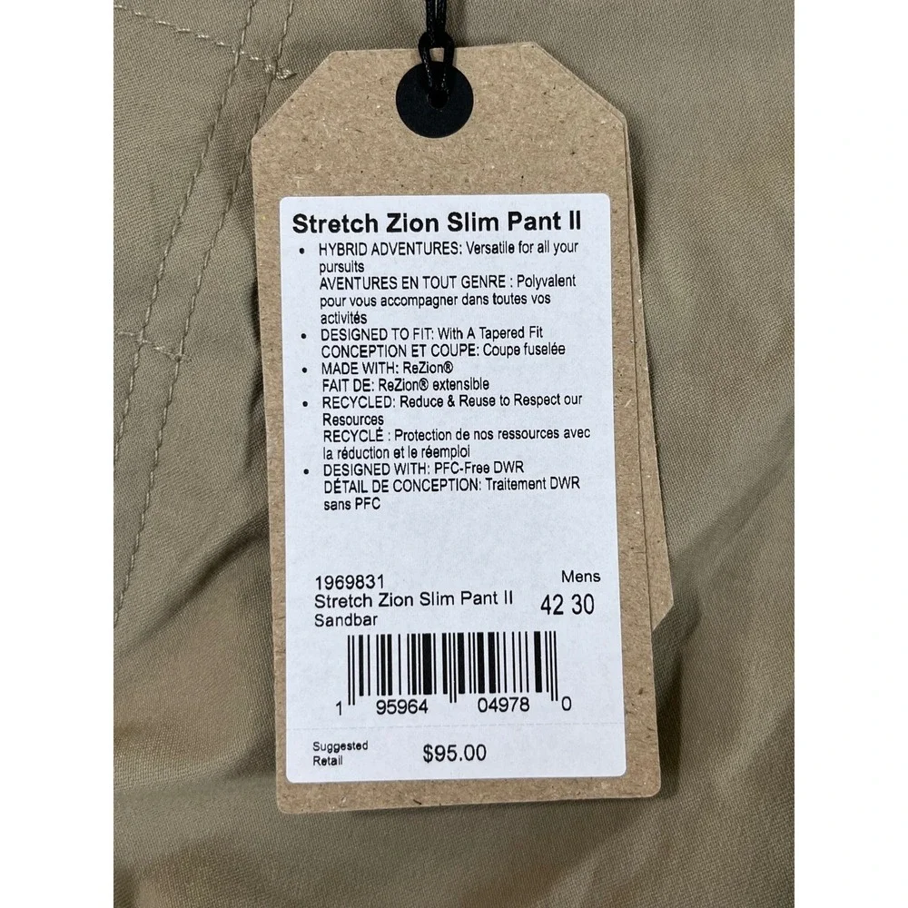 Prana Stretch Zion Slim PantII Men's 42x30 Sandbar Beige Tapered Cargo $95 NEW